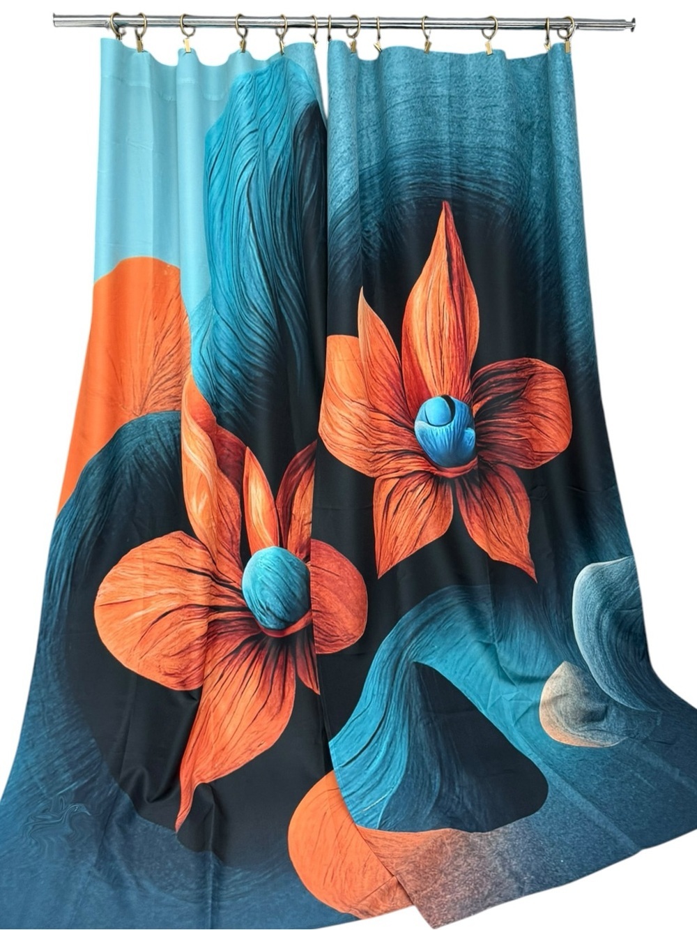 Bold Orange & Teal Floral Curtain Panels Curtain Set Rod Pocket 40x82"